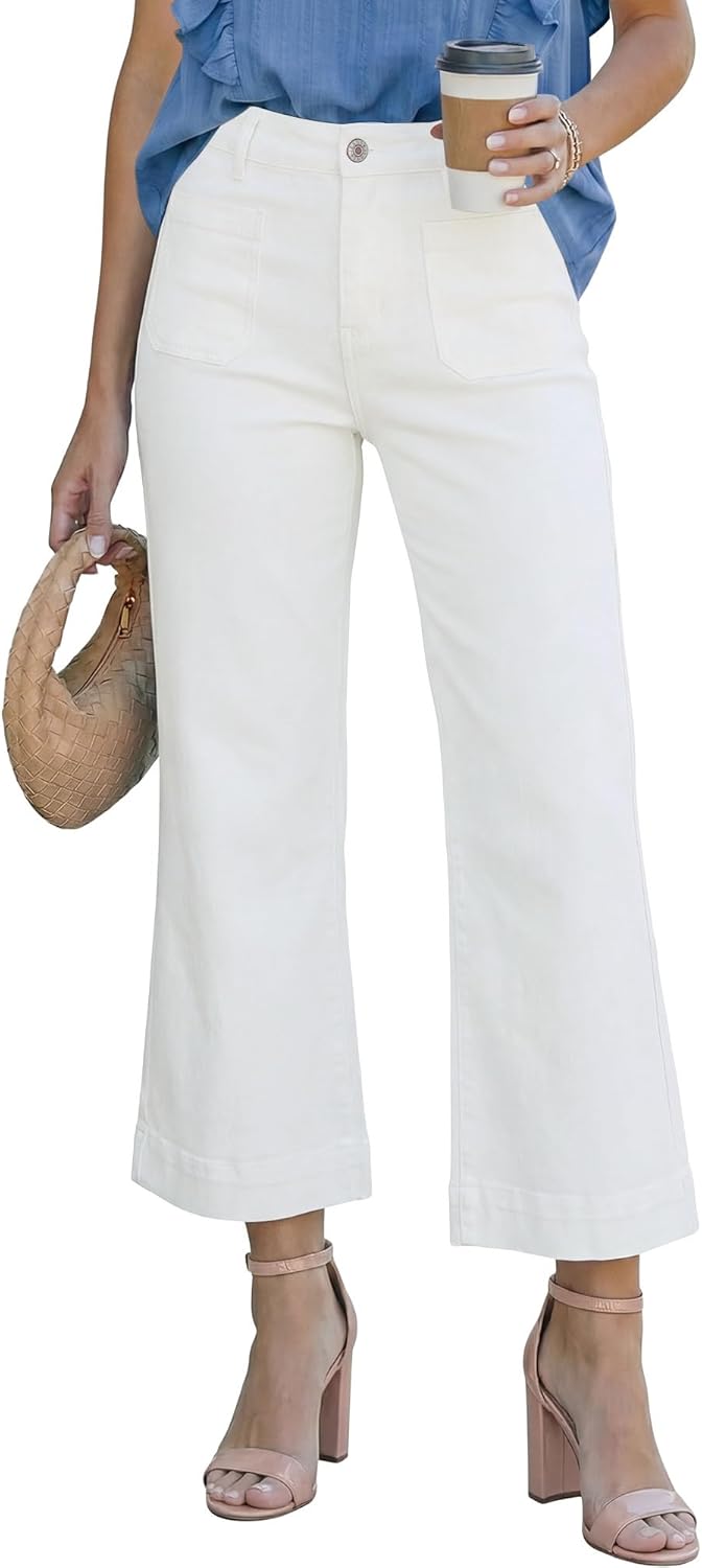 SANMM Jeans for Women High Waisted Wide Leg Flare Jean Cropped Denim Pants Stretchy with Pockets