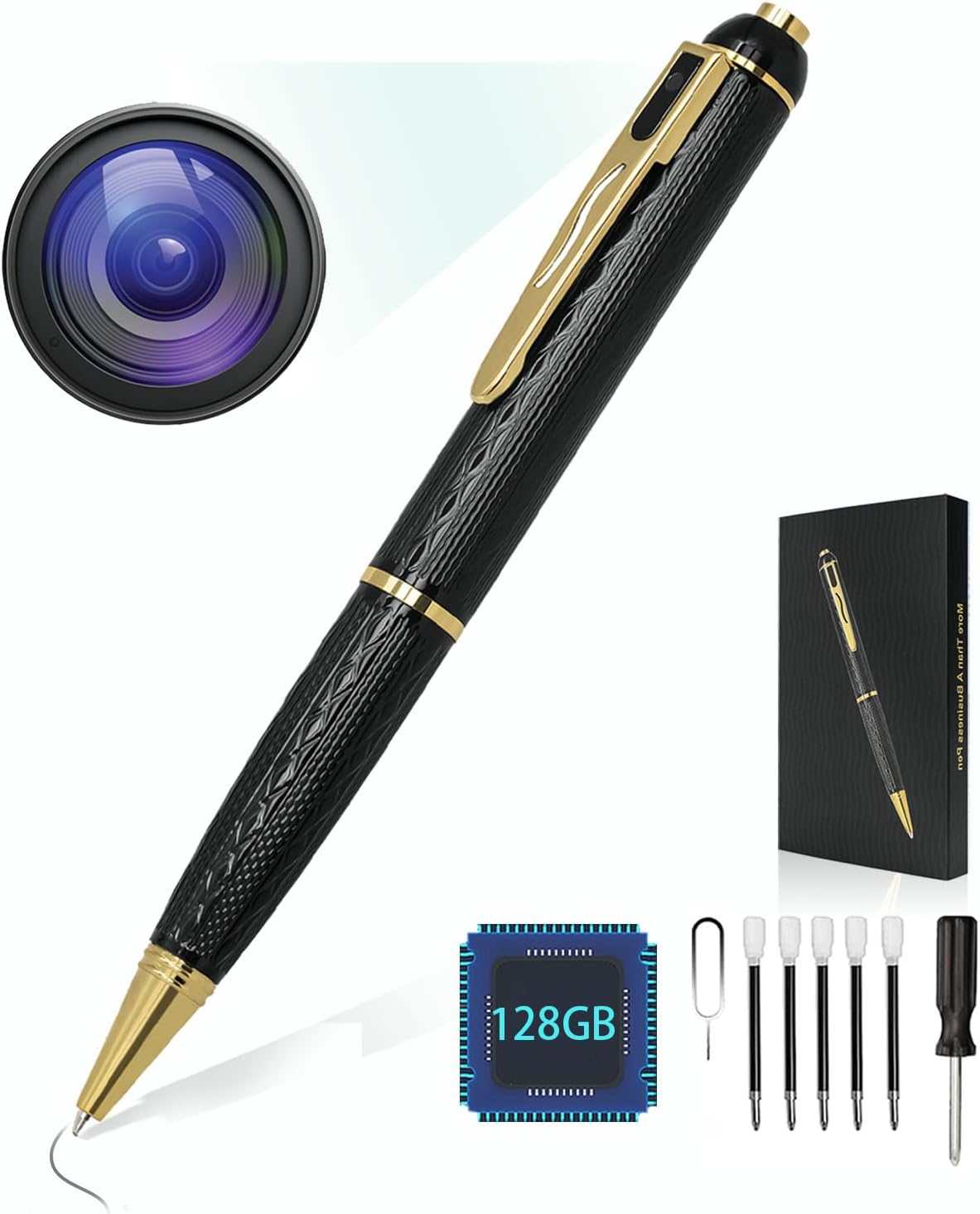 128G Security Camera Pen, 1080P Spy Camera with 300 Minutes Long Battery Life-Mini Pocket Cameras for Home, Office