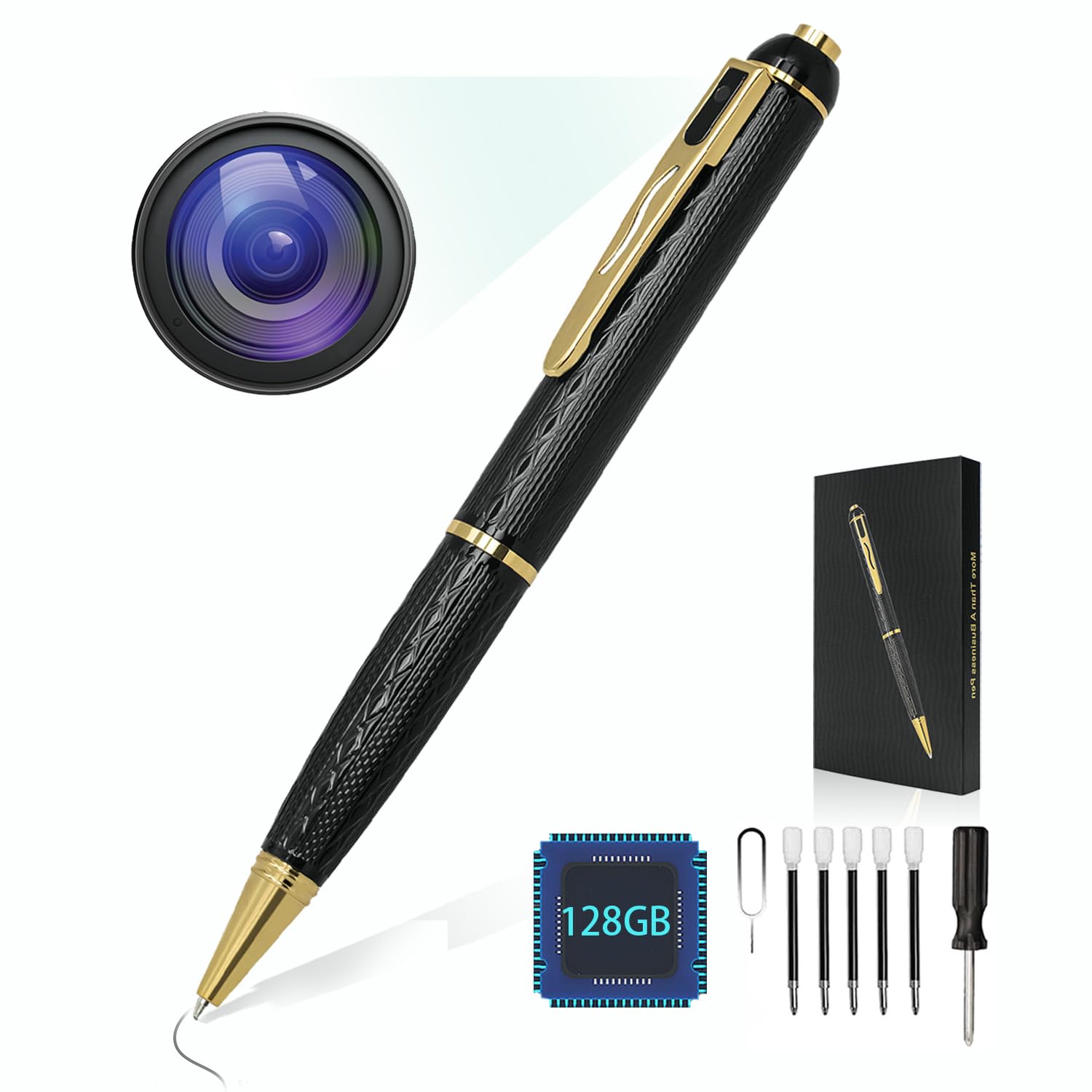 QETATIY 128G Security Camera Pen, 1080P Spy Camera with 300 Minutes Long Battery Life-Mini Pocket Cameras for Home, Office