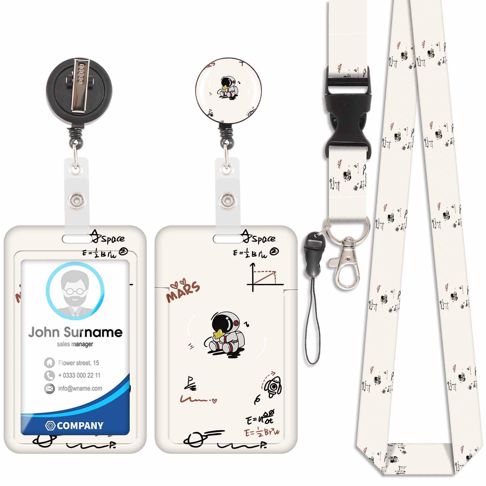 Badge Holder with Lanyard, ID Badge Holders with Detachable Cute Lanyard, Retractable Badge Reel Carabiner Clip, Personalized Card Cover Case Protector for Nurse Teacher Student (Astronaut-White)