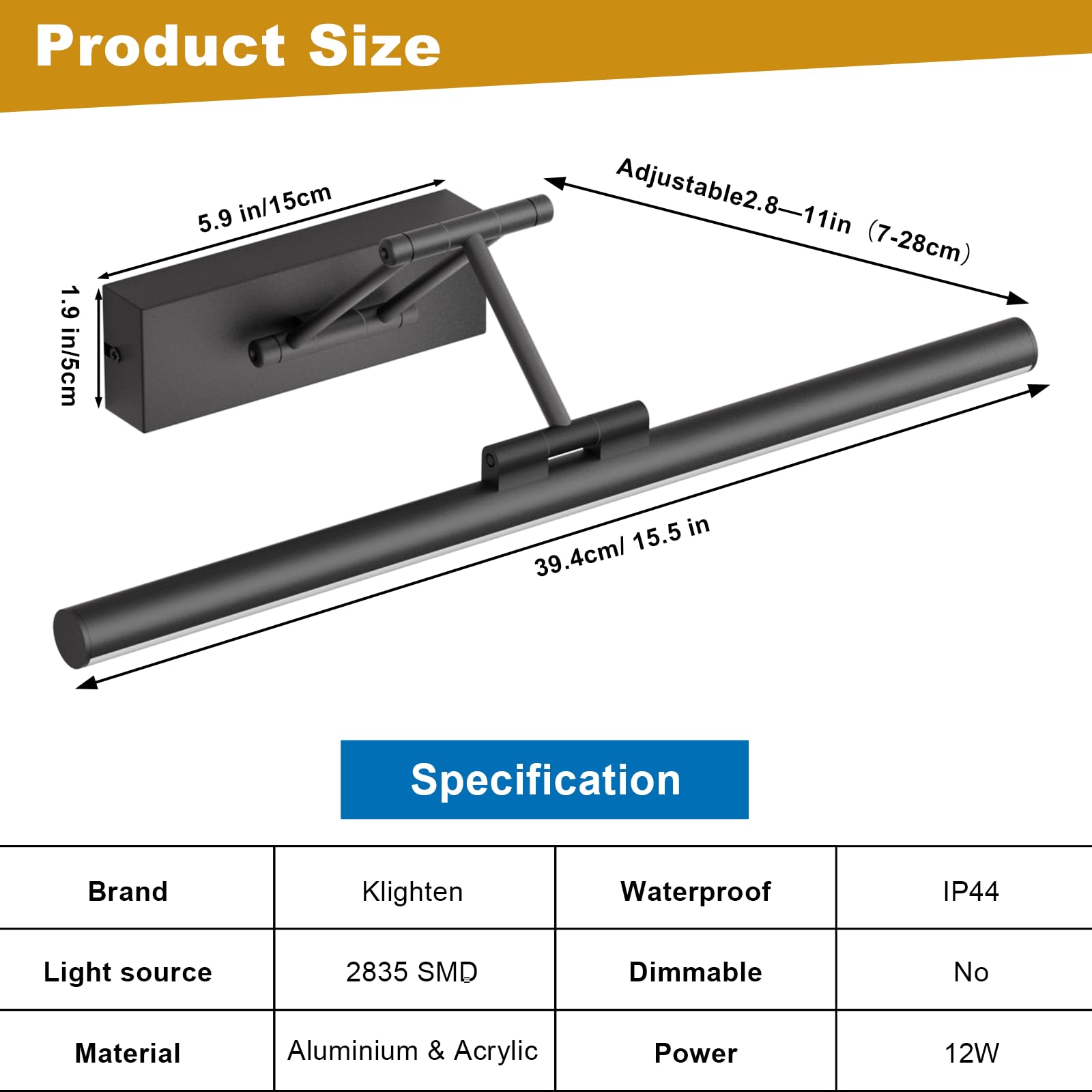 Klighten LED Spiegellampe Bad 40cm,Drehung Spiegellampen Spiegel für bad IP44, Spiegelleuchte Badezimmer 12W 970 LM,LED Badspiegelleuchten Badezimmerspiegel,Naturweiß 4000K,Schwarz