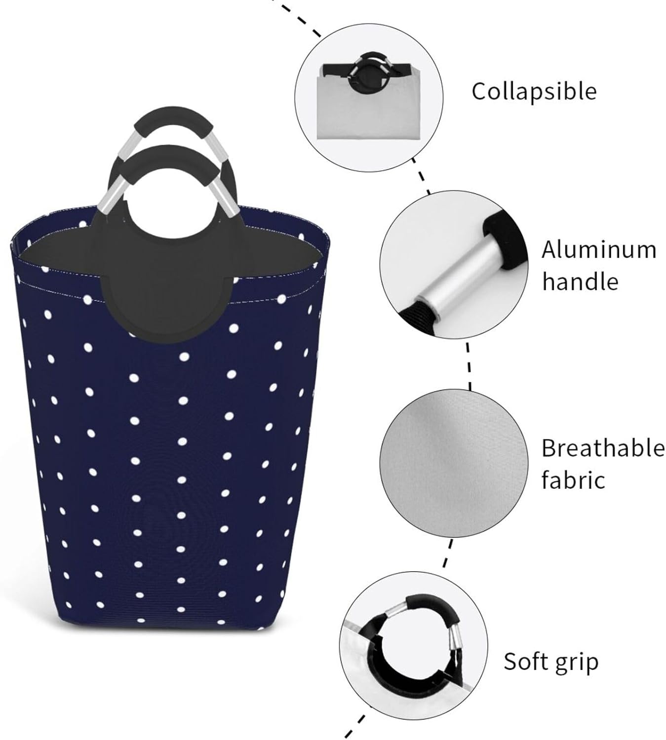 Large Laundry Basket, Navy Blue and White Polka Dot Laundry Hamper Bag Collapsible Washing Bin With Handles for College Dorm, Family Essentials Storage