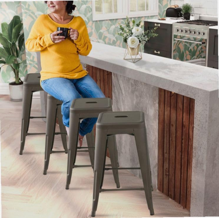 Image of Green 24 Inch Tolix Style Stackable Bar Stool Set 4-Piece Powder-Coated Metal Chairs 330lb Non-Slip X-Frame