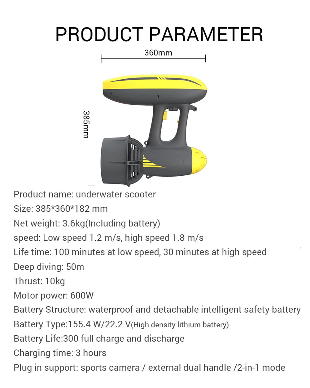 Propulsore Subacqueo, Scooter Subacqueo con 3 Supporti per Fotocamera, Jet Scooter Subacqueo per Immersioni Snorkeling Avventure Attrezzatura da Piscina per Sport Acquatici Immersioni e