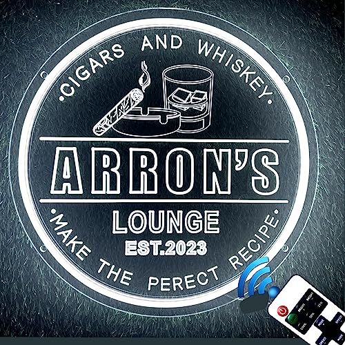 WhatABirdie Personalized Cigar Lounge Neon Signs - Customs Name Cigar Room LED Sign- Cigar Whiskey Gift Signs for Man Cave Game Room - LED Light Up Sign - Gift for Dad, Husband