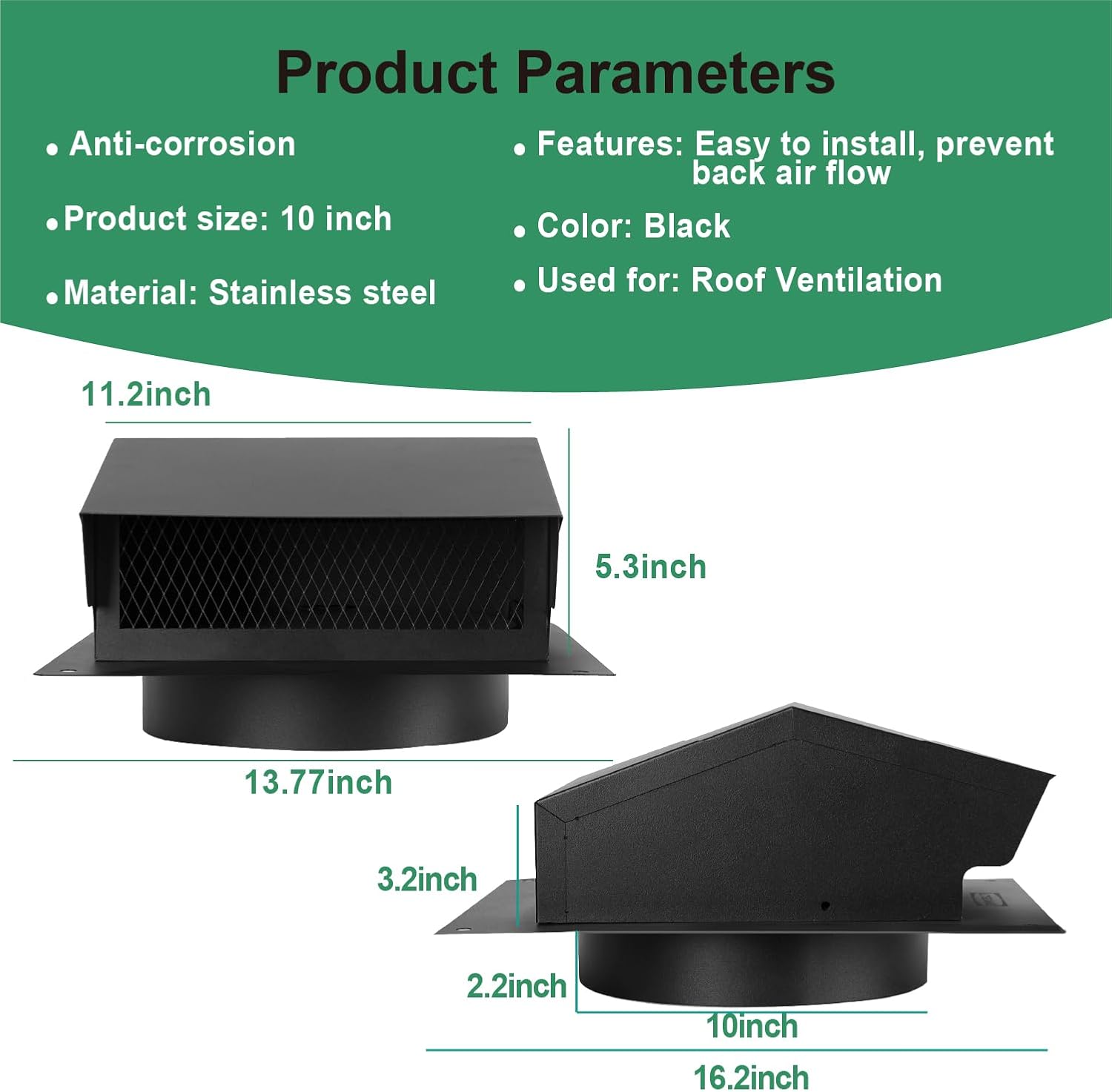 10 Inch Roof Vent Cap Removable Roof Vent for Houses,Roof Dryer Vent for Bathroom,Galvanized Steel 10 Inch Exhaust Vent for Ventilation System with Damper, Black (10 in)