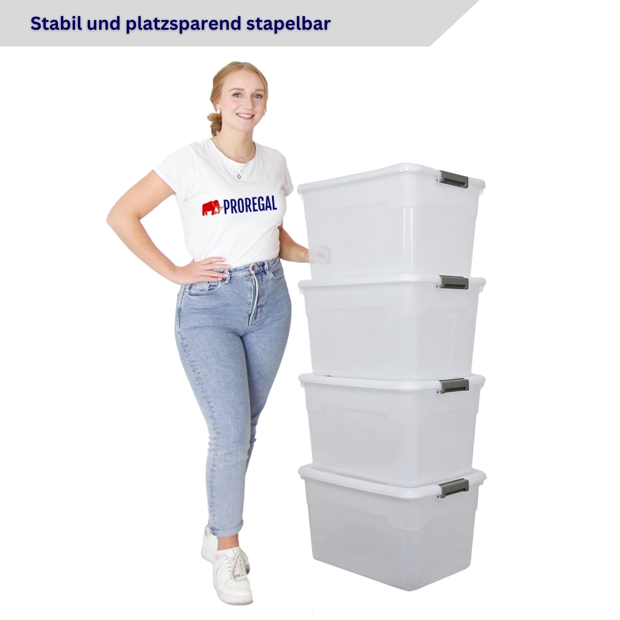 PROREGAL Aufbewahrungsbox mit Deckel 60L im 4er Set, Extra Groß, Rollen, Plastikbox transparent stapelbar, Kunststoffbox Verschlussclips, Stapelbox Kunststoff, Aufbewahrungsbehälter für Küche Haushalt