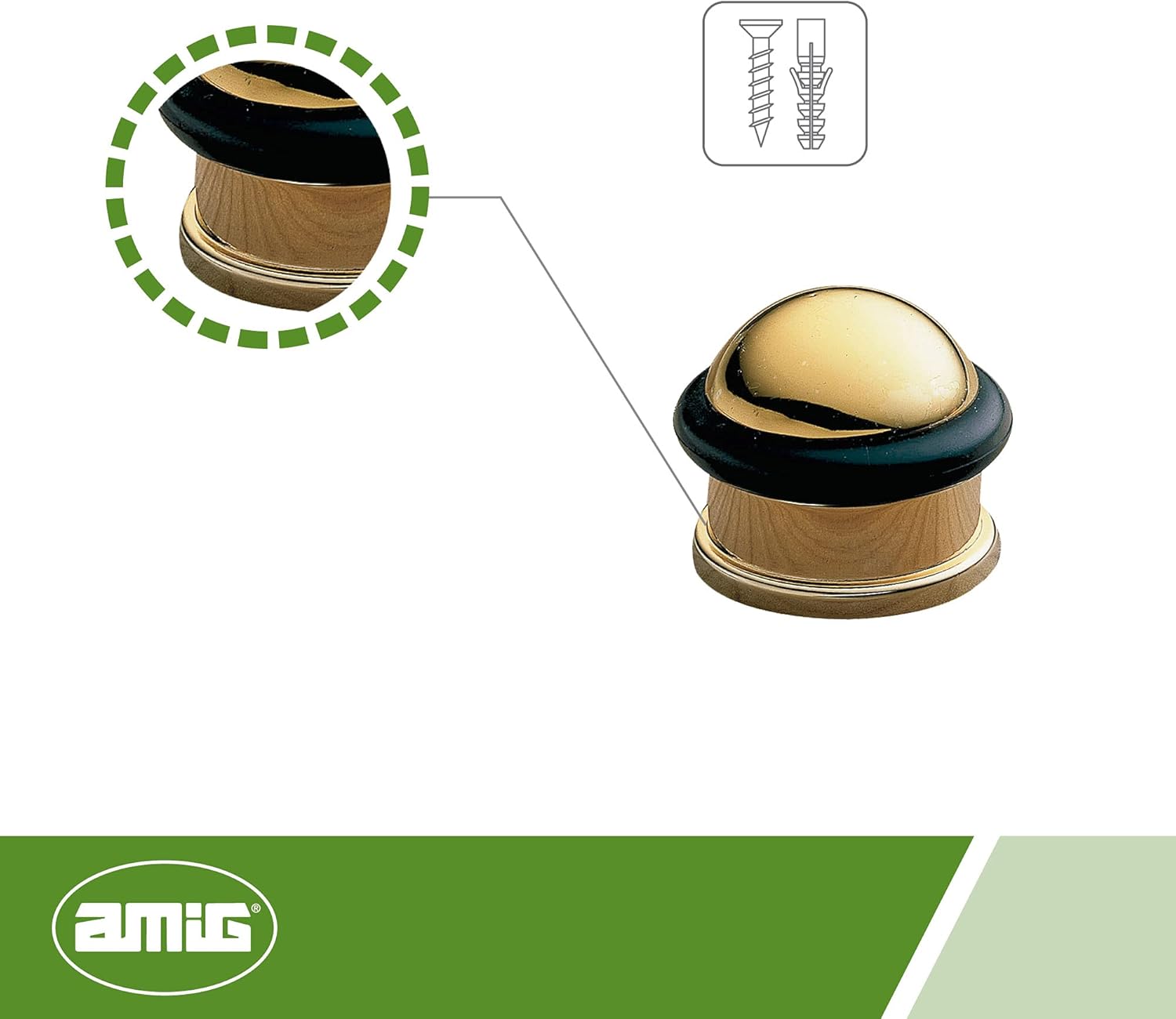 Amig -Decorative Stop or Retainer | Gold | with Black Non-Slip Rubber Band for Passage Doors | Protects Walls and Furniture, Floors | for Screwing | Diameter Ø30 x 14 mm
