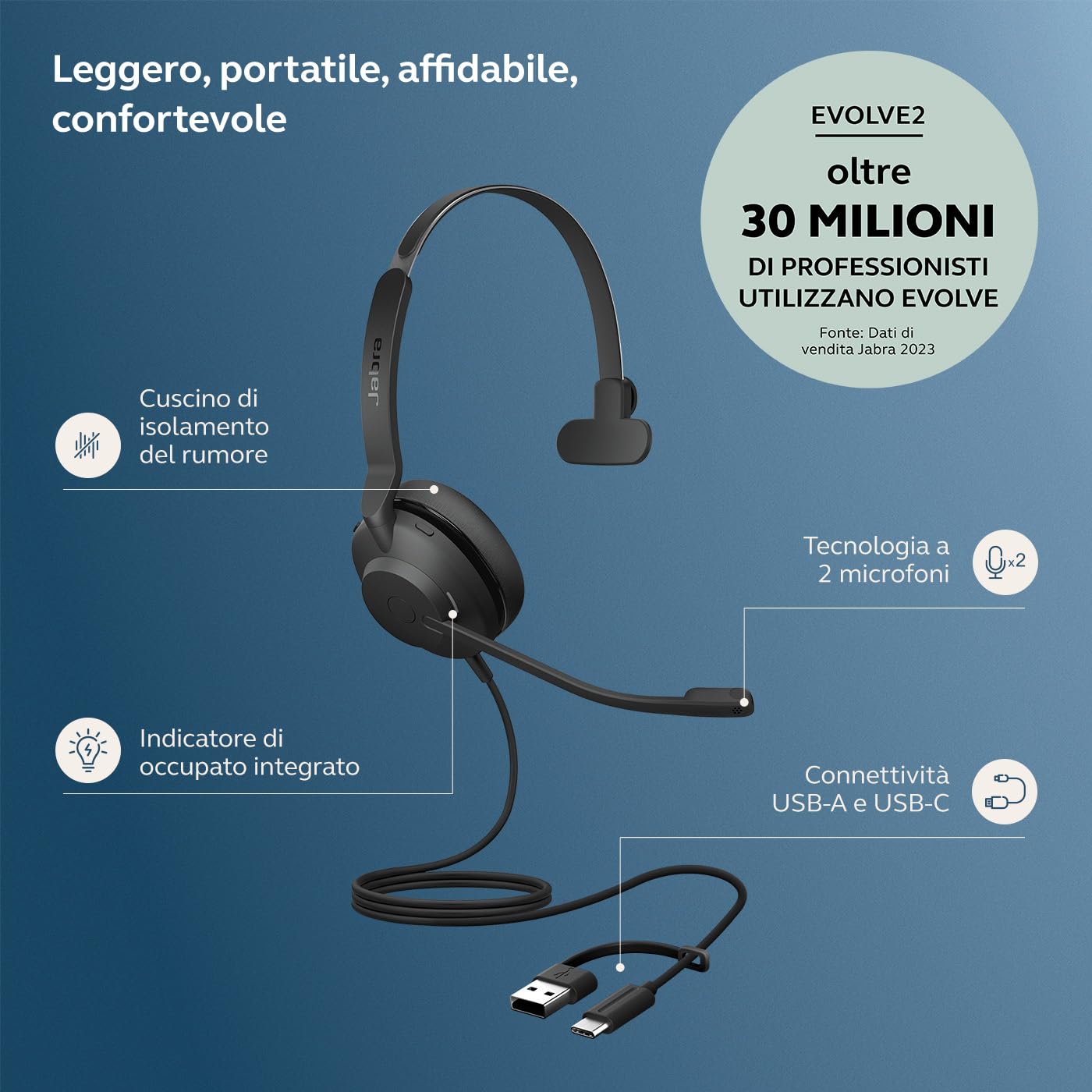 Jabra Evolve2 30 SE – USB-A/USB-C – Mono auricolare con filo certificato per Microsoft Teams