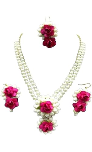 SpaceinCart Pink Flower & Mogra Flower Jewellery Set for Women & Girls For Haldi/Mehandi/Bridal/Wedding/Baby shower