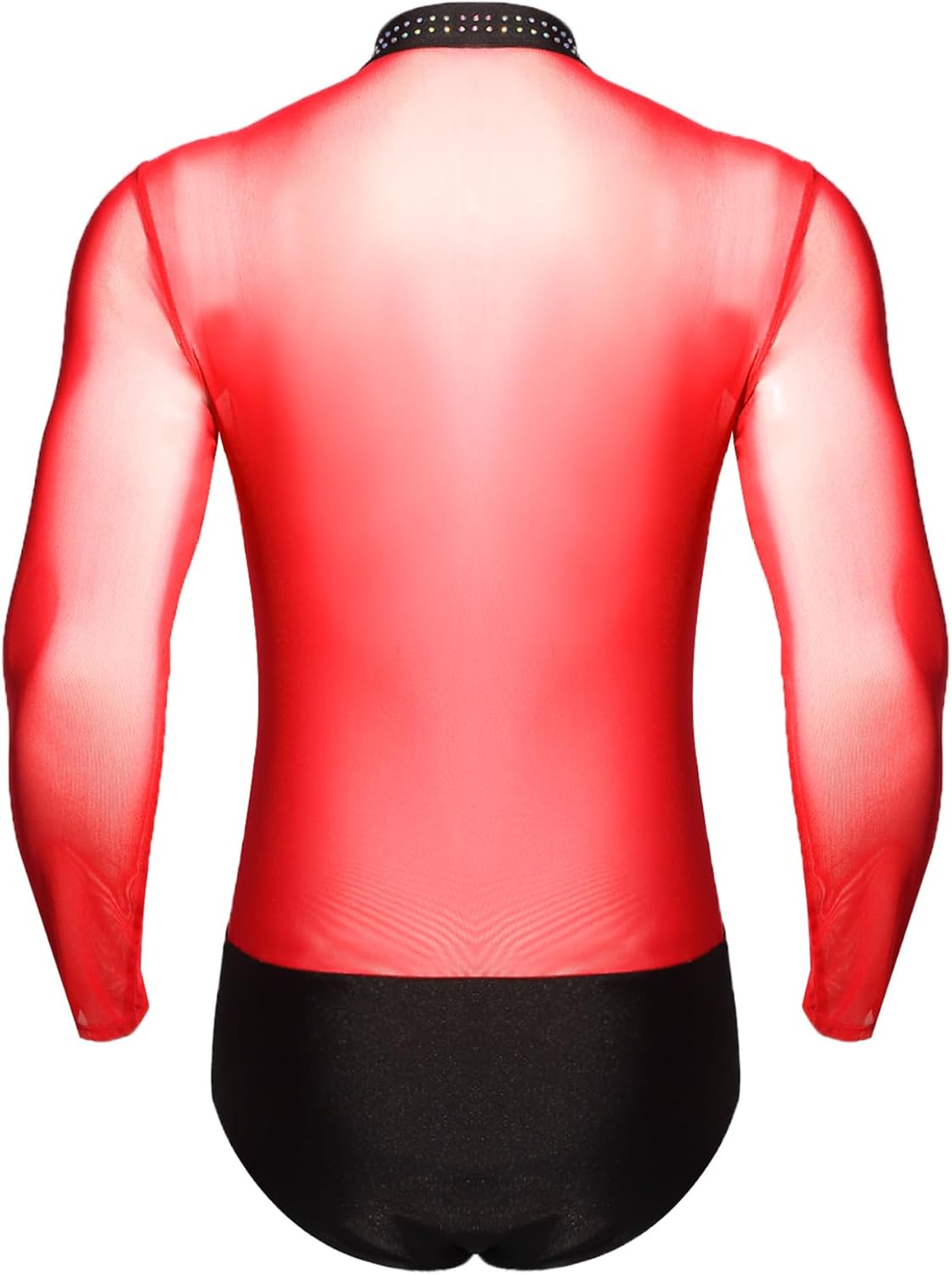 Men's Shiny Rhinestones Sheer Mesh Dance Bodysuit Contrast Color Latin Ballroom Salsa Samba Tops Leotard