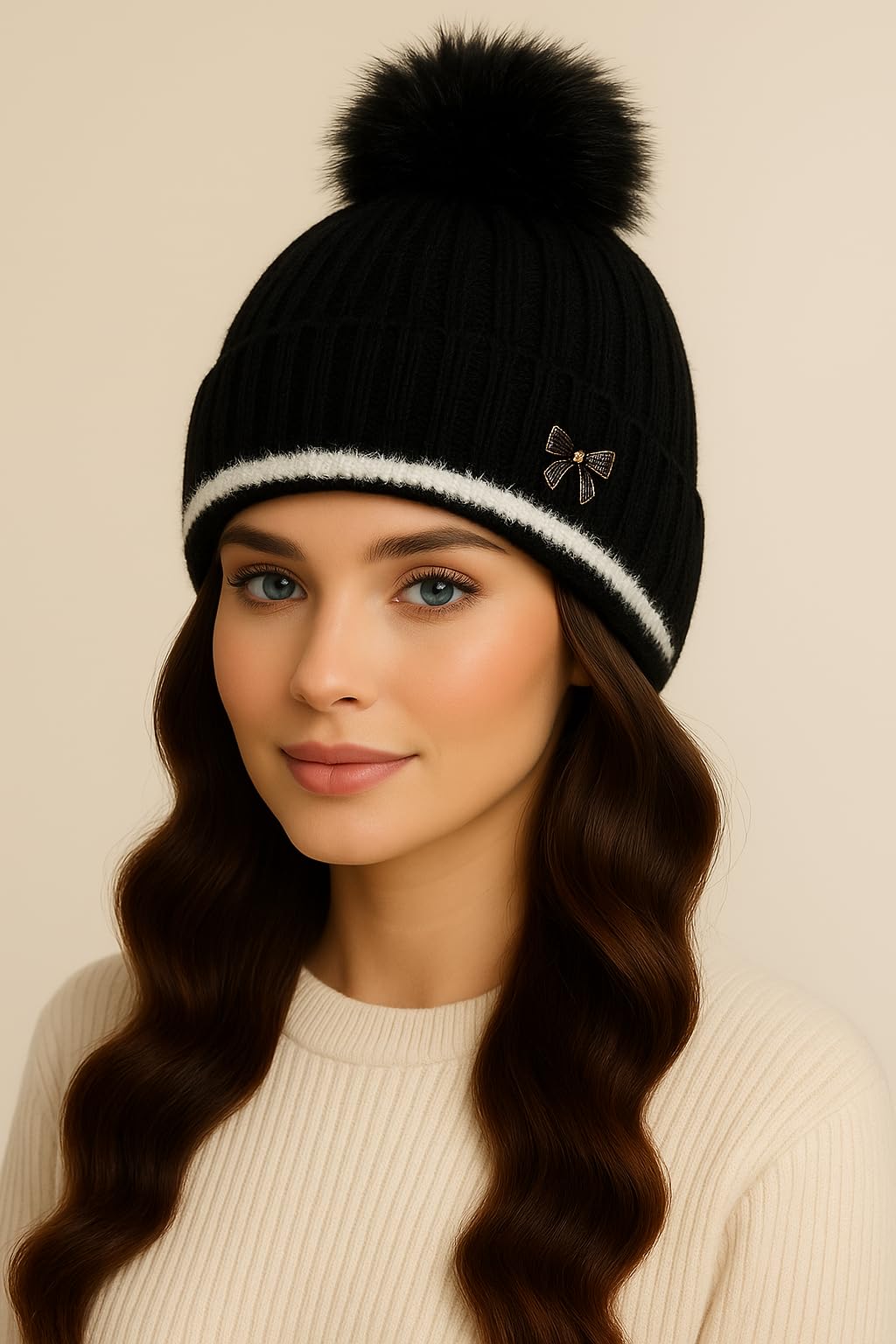 Nephar Women Winter Beanie Hat with Pom Pom – Warm Knitted Woolen Cap with White Stripe, Soft Ski Snow Hat for Girls & Ladies-picture-26