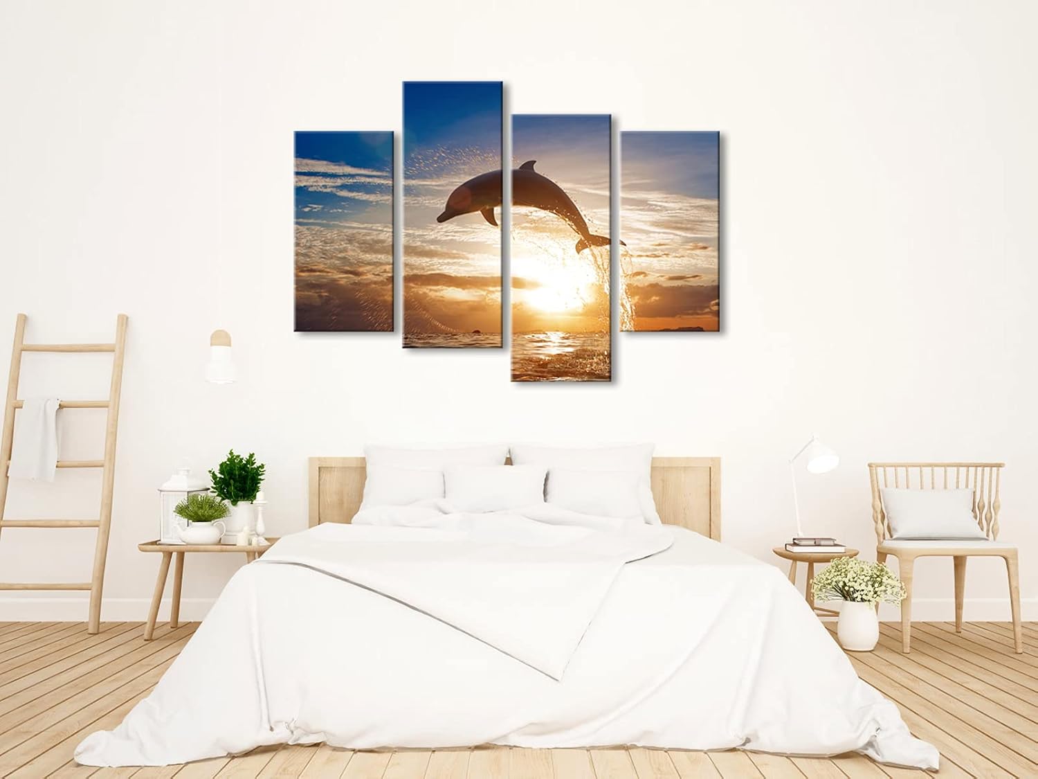Wieco Art Happy Dolphin Giclee Canvas Prints Wall Art Ocean Animals Sea Beach Landscape Pictures Paintings for Living Room Bedroom Home Decorations Large 4 Piece Modern Grace Seascape Artwork L