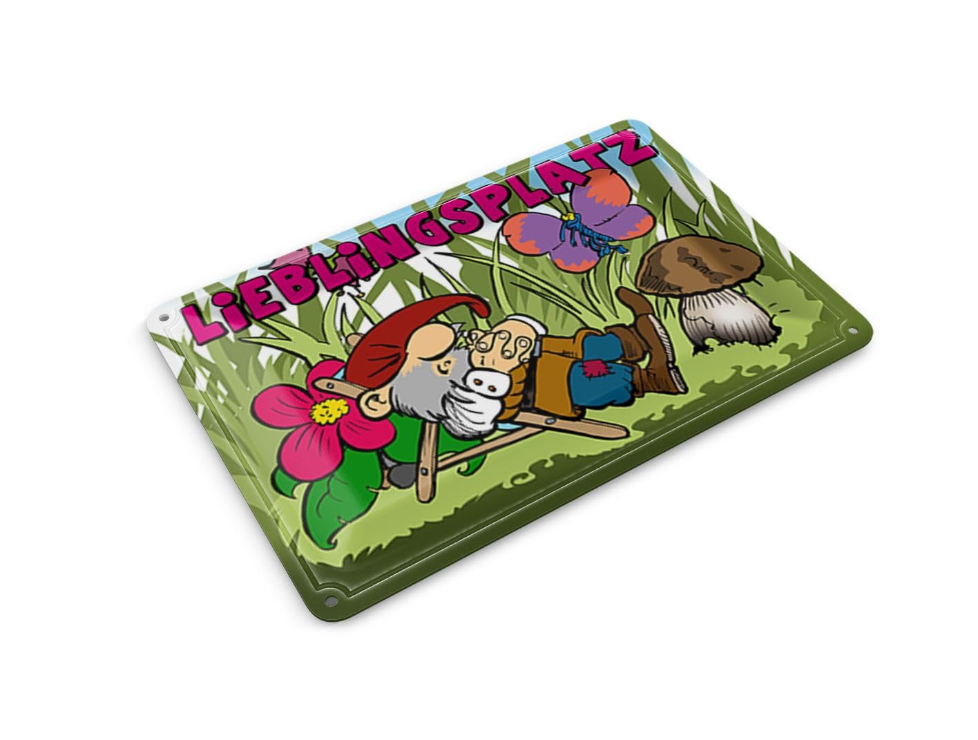 Femer Tin Postcard Saying 14 x 10 cm Favourite Place Gnome in the Garden Decorative Sign