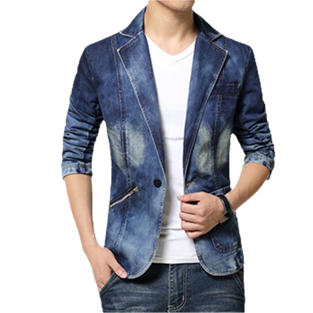 ジャケット COTTON BLAZER DENIM EFFECT Men's Denim Blazer Jacket Denim Suit Single Button Cotton