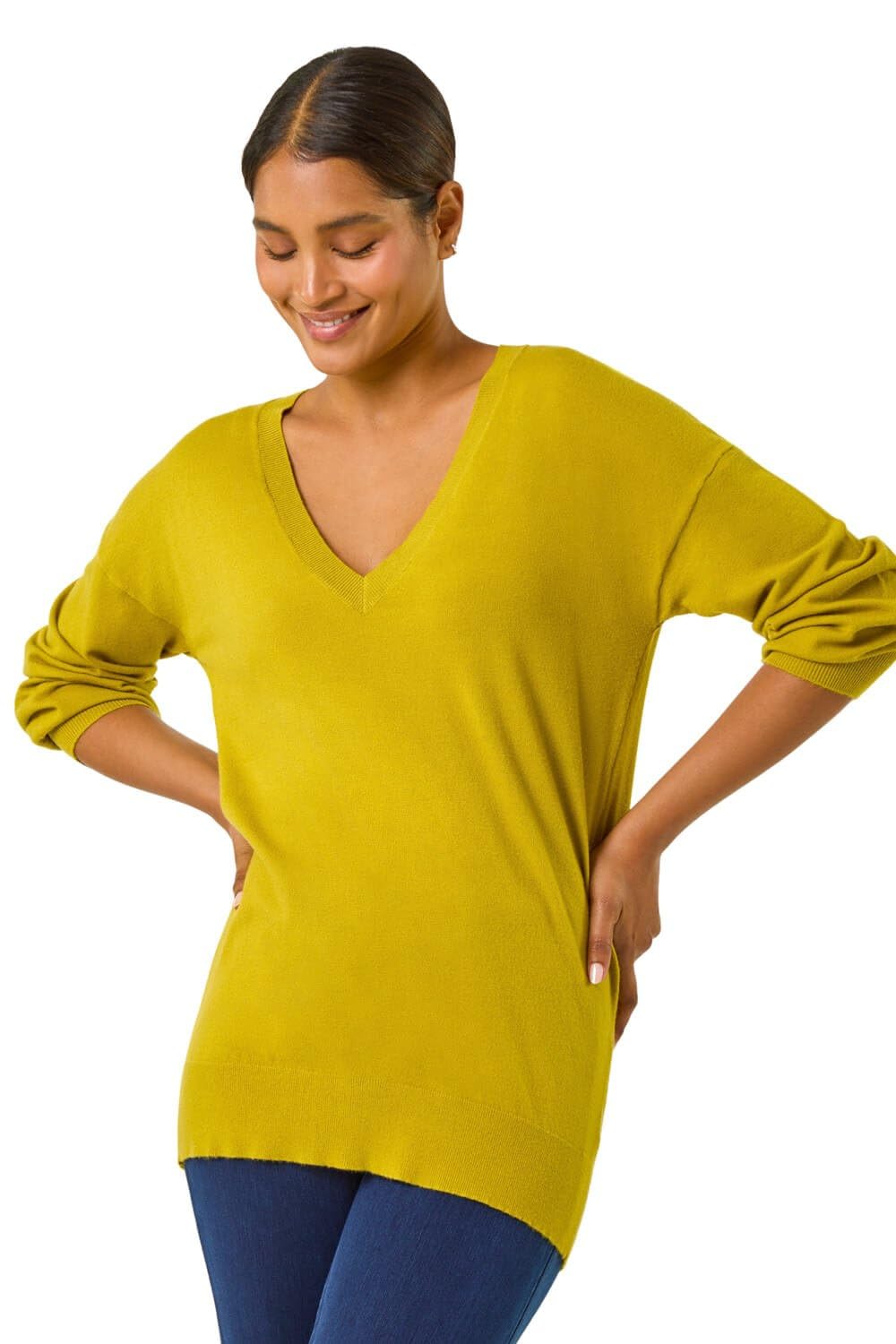 Roman Originals Women's Lime V-Neck Jumper For Uk Boyfriend Fit Slouch Sweater Winter Autumn Textured Casual Flattering Knit Pullover Knitwear Daywear Lightweight Lounge - Size 10