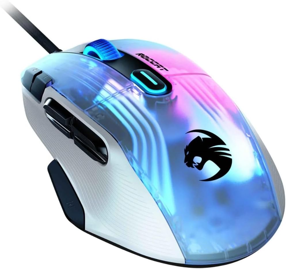 Kone XP PC Gaming Mouse with 3D AIMO RGB Lighting, 19K DPI Optical Sensor, 4D Krystal Scroll Wheel, Multi-Button Design, Wired Computer Mouse, White