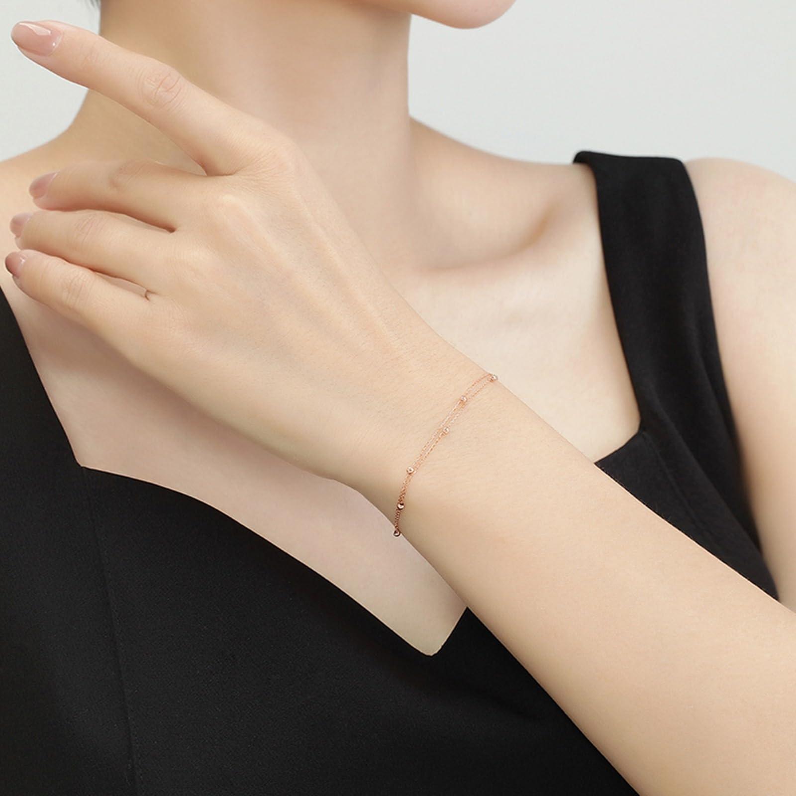 Bracciale Oro Rosa 18k/14k/9k, Bracciale Catena Doppia con Perline 16-18 cm Estensione 4 cm, Braccialetti Donna Matrimonio