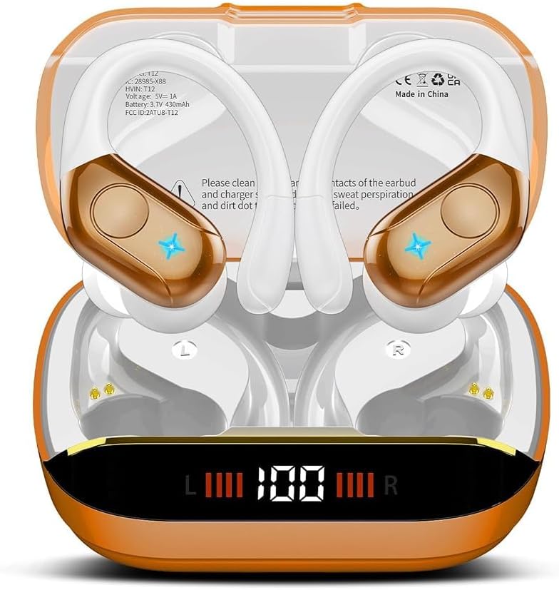 Qecnato Bluetooth Headphones Over Ear Buds with Earhooks LED Display Bluetooth Earbuds IP7 Waterproof Earphone for Running Chestnut