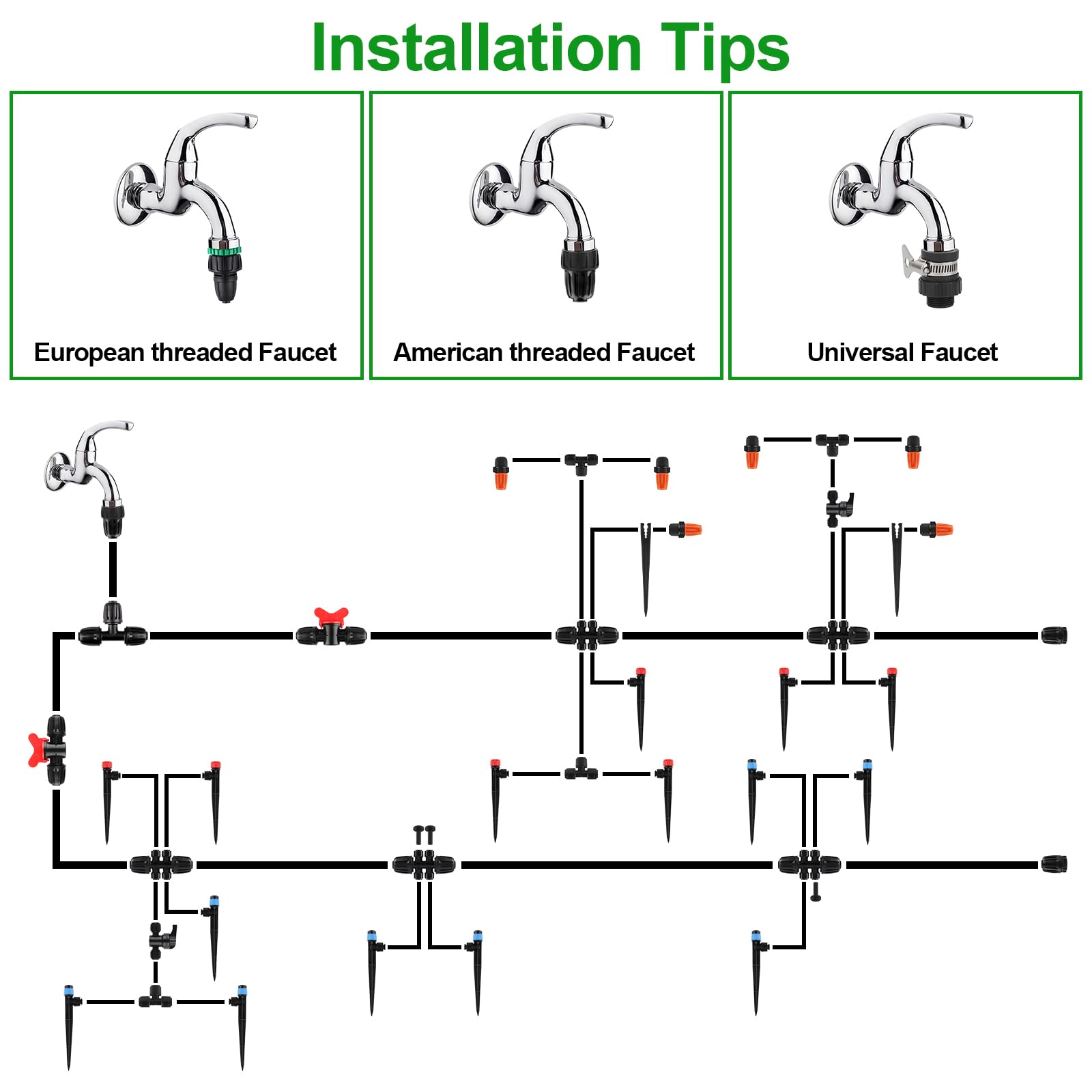 Kalolary Drip Irrigation Kit, 194 Ft Adjustable Sistema de Riego Rápido- Sistema de Riego Automático con Conector Push-to-Fit para Jardín, Invernadero, Flores (Tubo 1/4'' 1/2'')