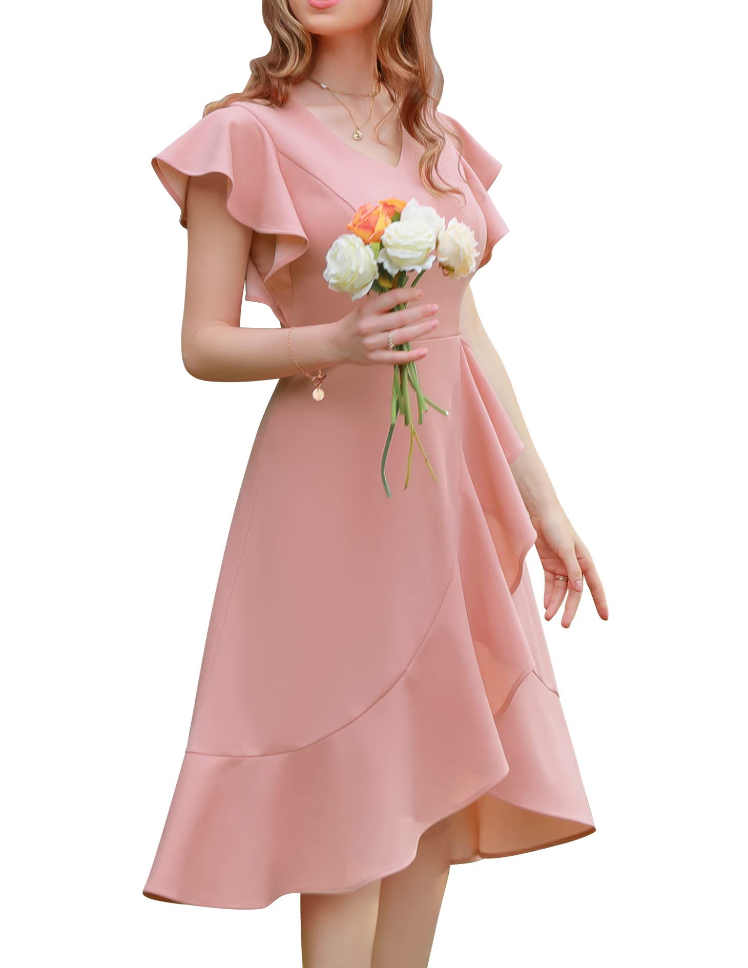 Berylove Vestido de cóctel para mujer, elegante, para boda, manga murciélago, rockabilly, vestido de noche, largo, con mangas, parte delantera corta, parte trasera larga