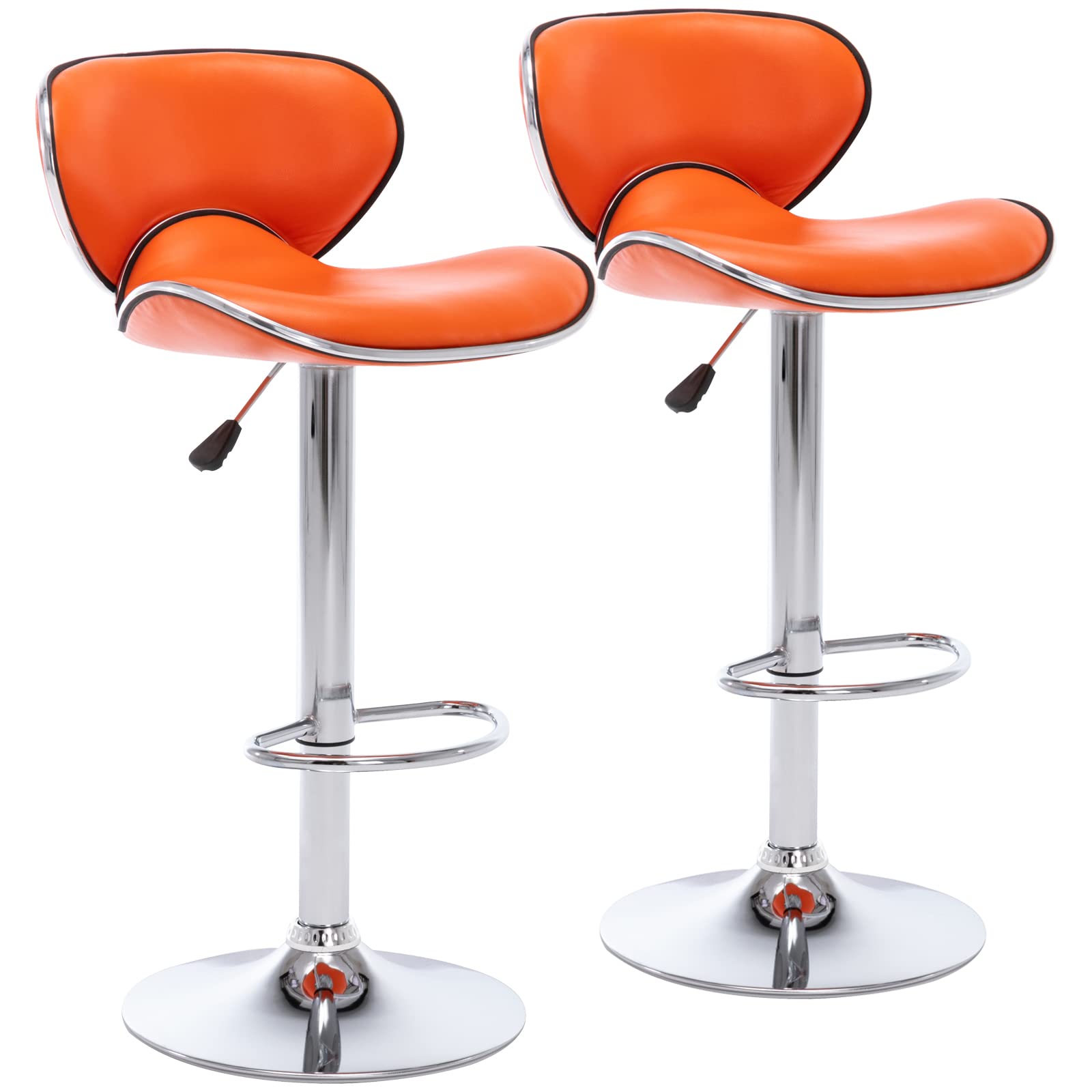 Vogue Furniture Direct PU Leather Adjustable Bar Stools, Modern Swivel Airlift Barstools with Back, Armless Counter Height Chairs for Kitchen Dining Pub Cafe Set of 2 (Ornage)