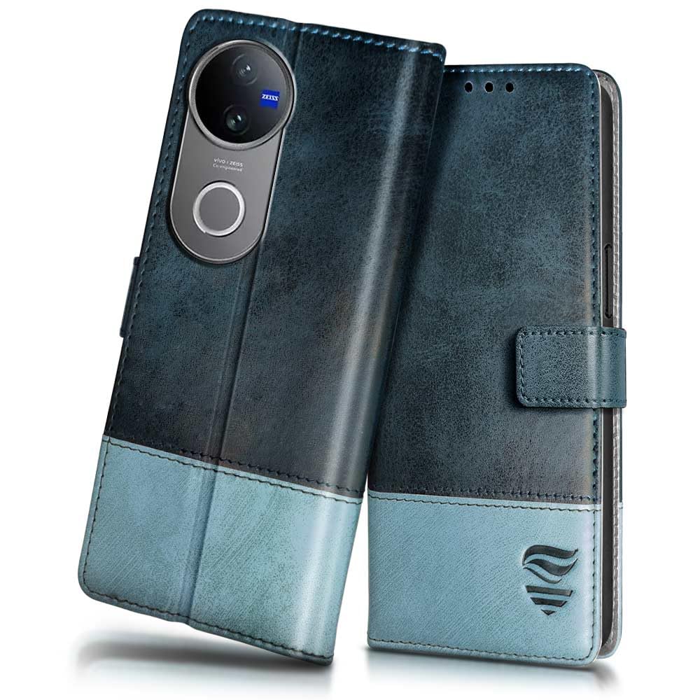 FLIPPED Vegan Leather Flip Case Back Cover for iQOO Z10R 5G | Vivo V50 5G | V50e 5G | V50 5G Elite Edition | Vivo T4R 5G (Shock Proof | Stitched | Card Pockets Wallet & Stand | Blue with Aquamarine)