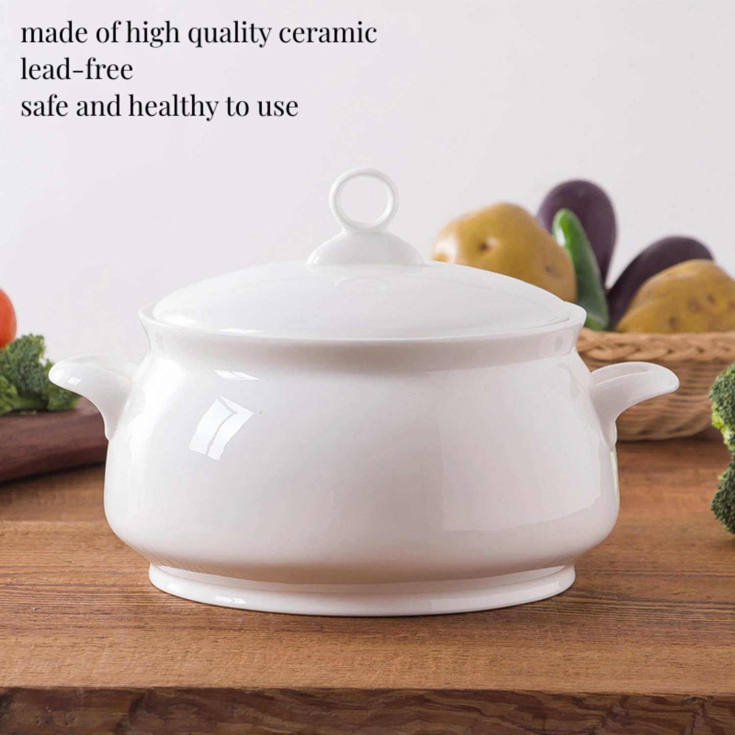 Soupière à soupe en céramique, couvercle et poignées, 2,5 l, bols de service en porcelaine avec couvercle, micro-ondes, blanc