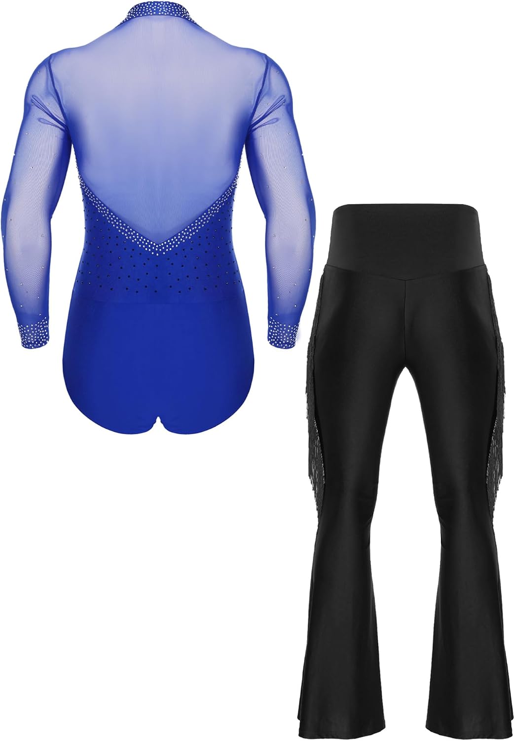 FEESHOW Men's Latin Dance Costume Long Sleeve Mesh Bodysuit with Flared Pants Tango Ballroom Dance Outfit