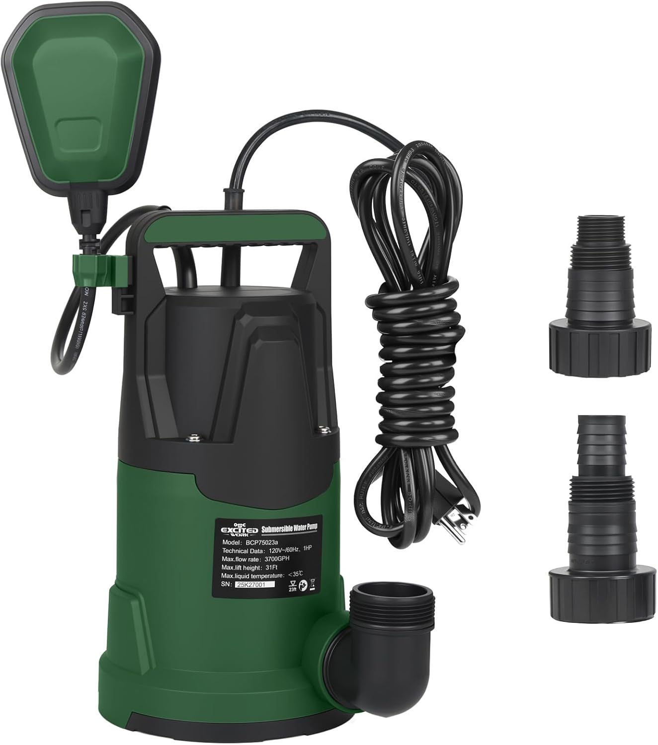 1HP Submersible Sump Pump, LAZYLAND Clean Water Pump with 3700GPH High Flow, Automatic Float Switch for Basement Pool Pond Drainage (Green)