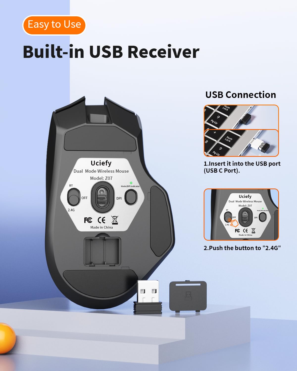 Uciefy Z07 - Ratón inalámbrico Bluetooth, modo dual (2.4G + BT5.1), mouse Bluetooth, mouse recargable USB C con indicador de carga, mouse ergonómico para computadora portátil/PC/Mac/iPad-negro