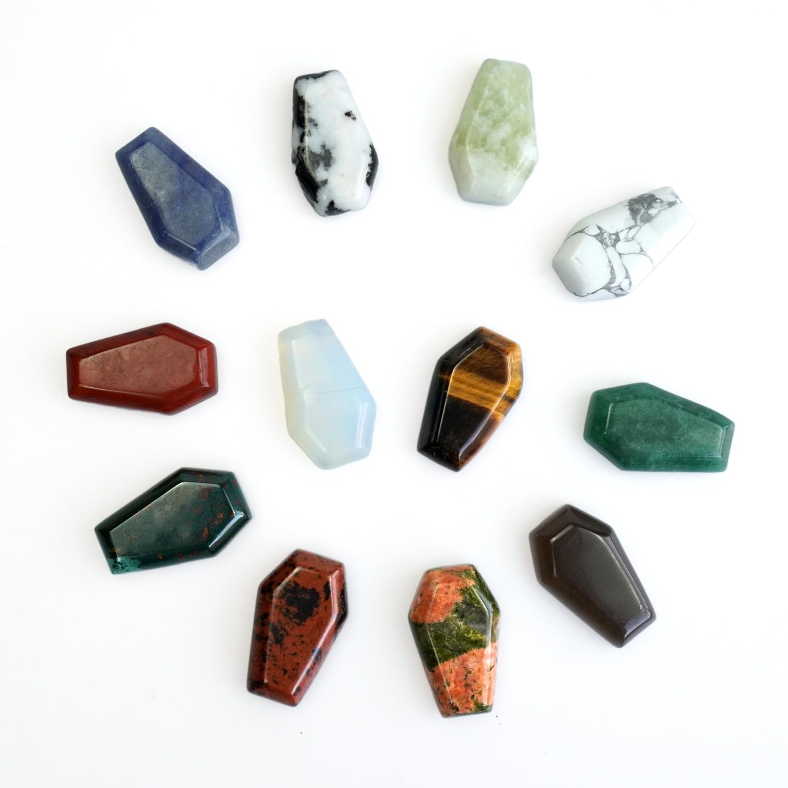 Sisamn 12pc Large 1.18" Carved Coffin Cabochons Flatback - Assorted Natural Gemstone Flat Cabochons for Wire Wrapped Pendants, Halloween Jewelry