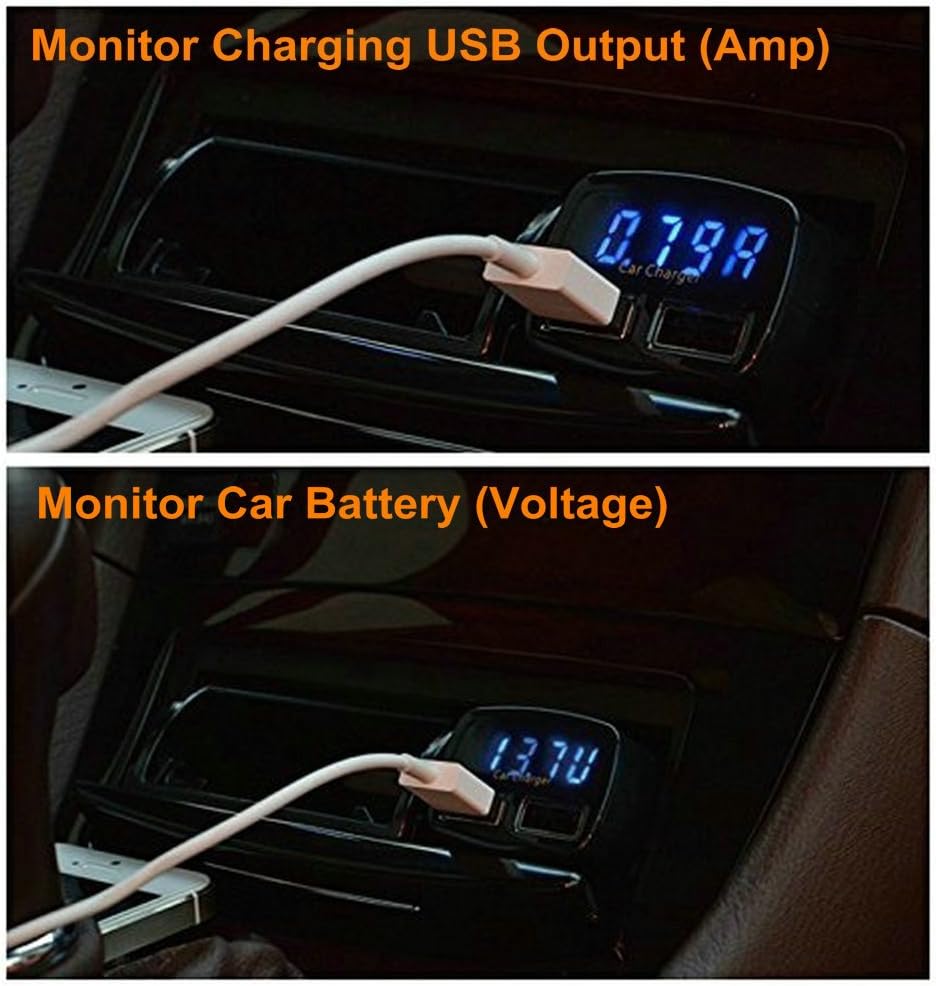 2 Pack Jebsens 4.8A 24W Dual USB Car Charger Volt Meter Car Battery Monitor with LED Voltage & Amps Display, for iPhone 7 / 6s / Plus, iPad Pro/Air 2 / Mini, Galaxy S7 / S6 / Edge/Plus, Note 5/4