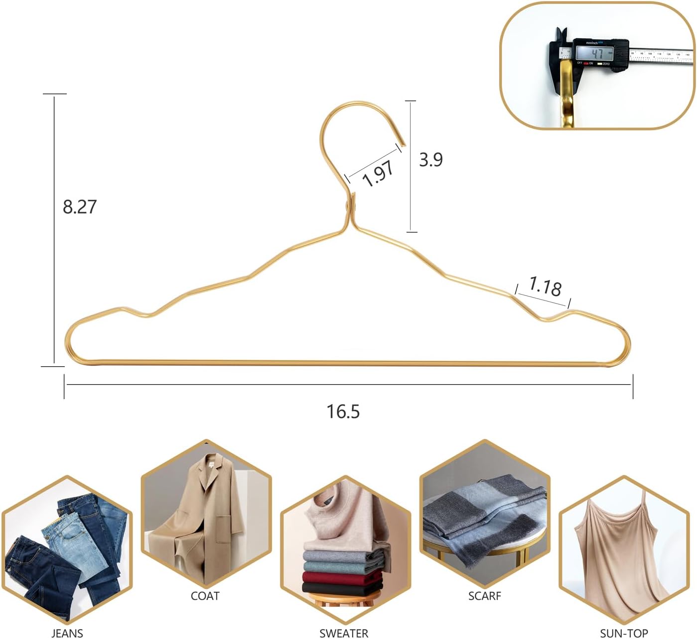 WEYANG Clothes Hangers Metal 20 Pack,Smooth Surface Shirt Dress Hanger,Durable Heavy Duty Coat Hangers,Gold Aluminum Suit Hangers,16.5” Standard Hangers for Jacket Trouser Pant Slack, JinSe-YJ-20