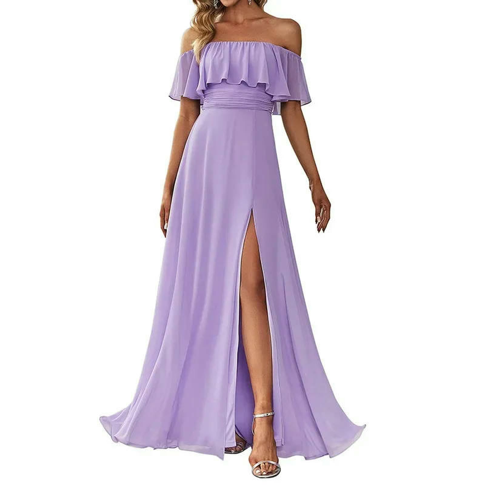 Abito Donna Invernale Elegante Maniche Corte Chiffon Materiale da Sera delle Donne Side Slit Design One-Piece Dress Style-Rosa-l