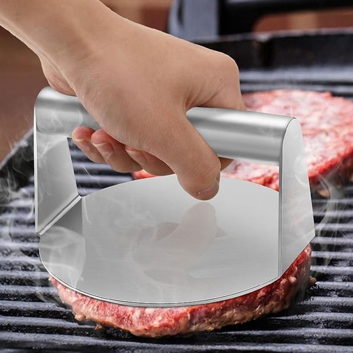 Set Utensili Bbq in Acciaio Inossidabile Legno e Silicone per Grigliata Esterna, 5 Pezzi Schiaccia Hamburger, Spatola e Boccetta per Condimenti