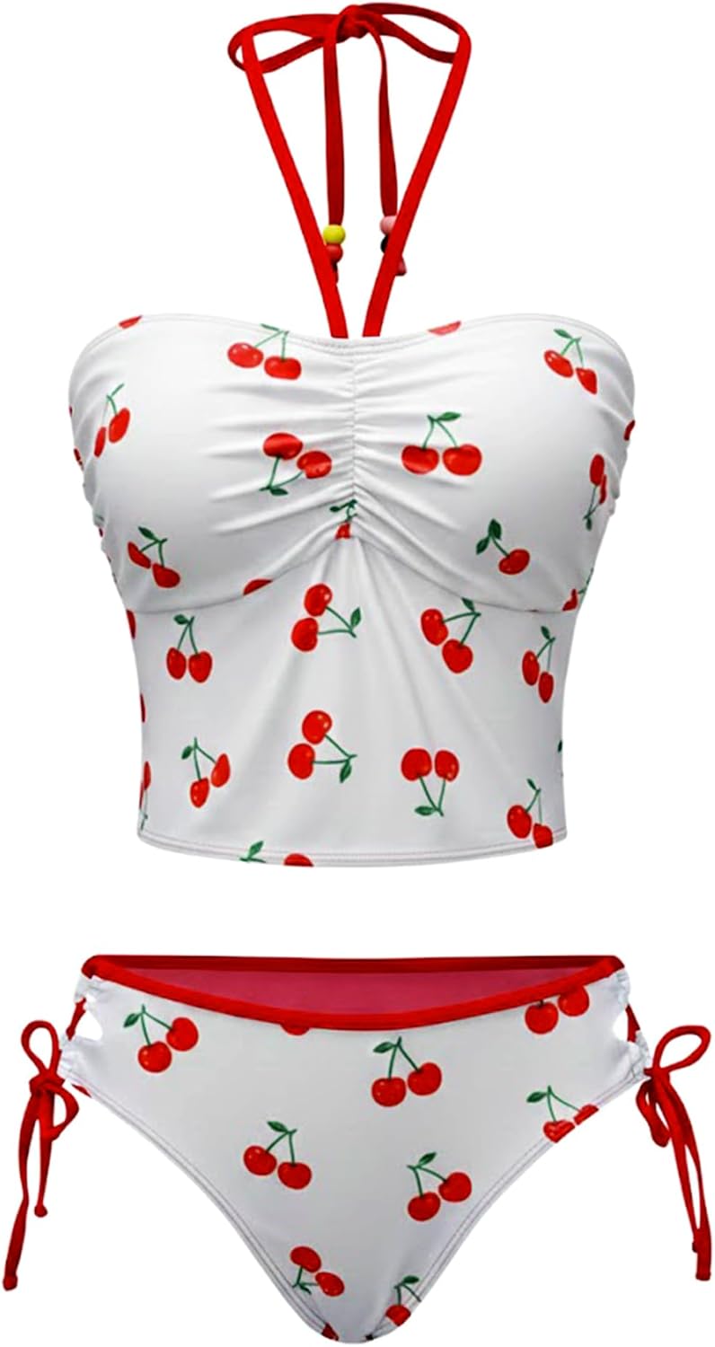 ZAFUL Cute Tankini Y2k Swimsuit for Women Trendy Side Tie 2 Piece Bikini Set Halter Ruched Bathing Suit Retro Strapless Top