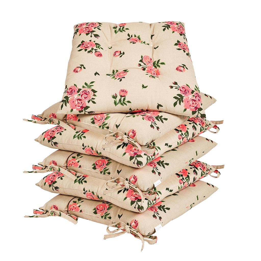Dining Chair Seat Pad Set of 6 Tie On Floral Print Chair Cushions (Beige)