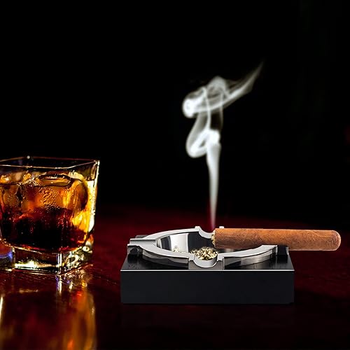 Miniatura 2 de OILP Cenicero para puros, ceniceros geniales regalos para hombres, bandeja de metal para cigarros con base de madera maciza, cenicero negro para