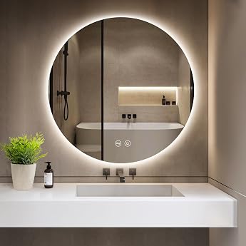 Bathroom Mirror with Lighting LED Round Mirror with Lighting 3 Light Colours Dimmable Touch Switch Memory Function Energy Saving Round IP44 Waterproof Bathroom Mirror 60 cm [Energy Class E]