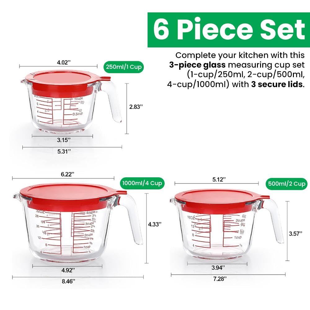 Home & Treat 6 Copas Medidoras de Cristal de Medición con 3 Tapas, Capacidad y Escala, 1 Taza/250 ml, 2 Tazas/500 ml, 4 Tazas/1000 ml, Jarras Medidoras Transparentes con Tapa y Asa para Cocina