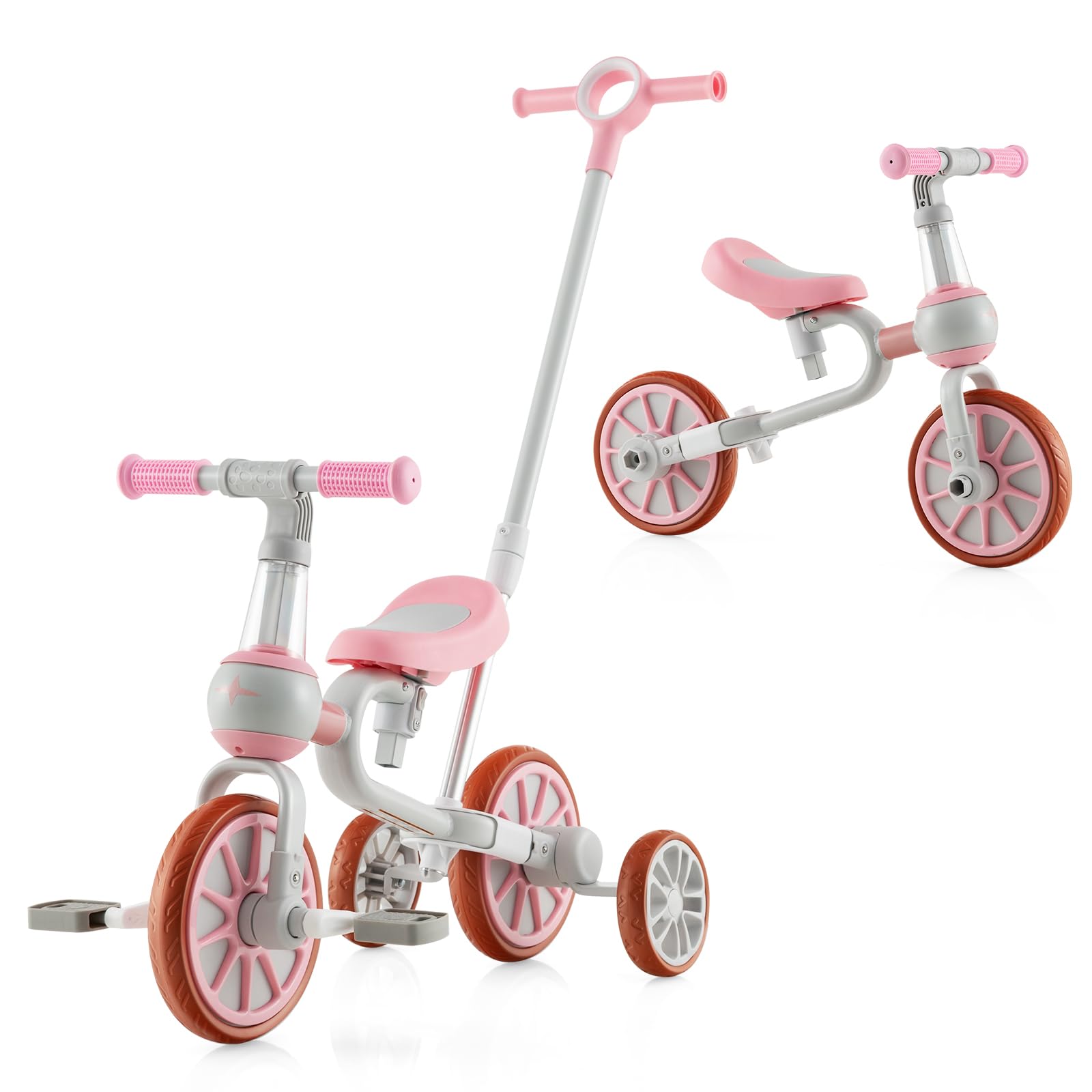 Maxmass 4 in 1 Kids Tricycle, Toddler Balance Bike with Adjustable Push Handle, 2-Level Seat Height, Reversible Handlebar, 4 Wheels Pedal Trike for 2-4 Years Old (Pink)