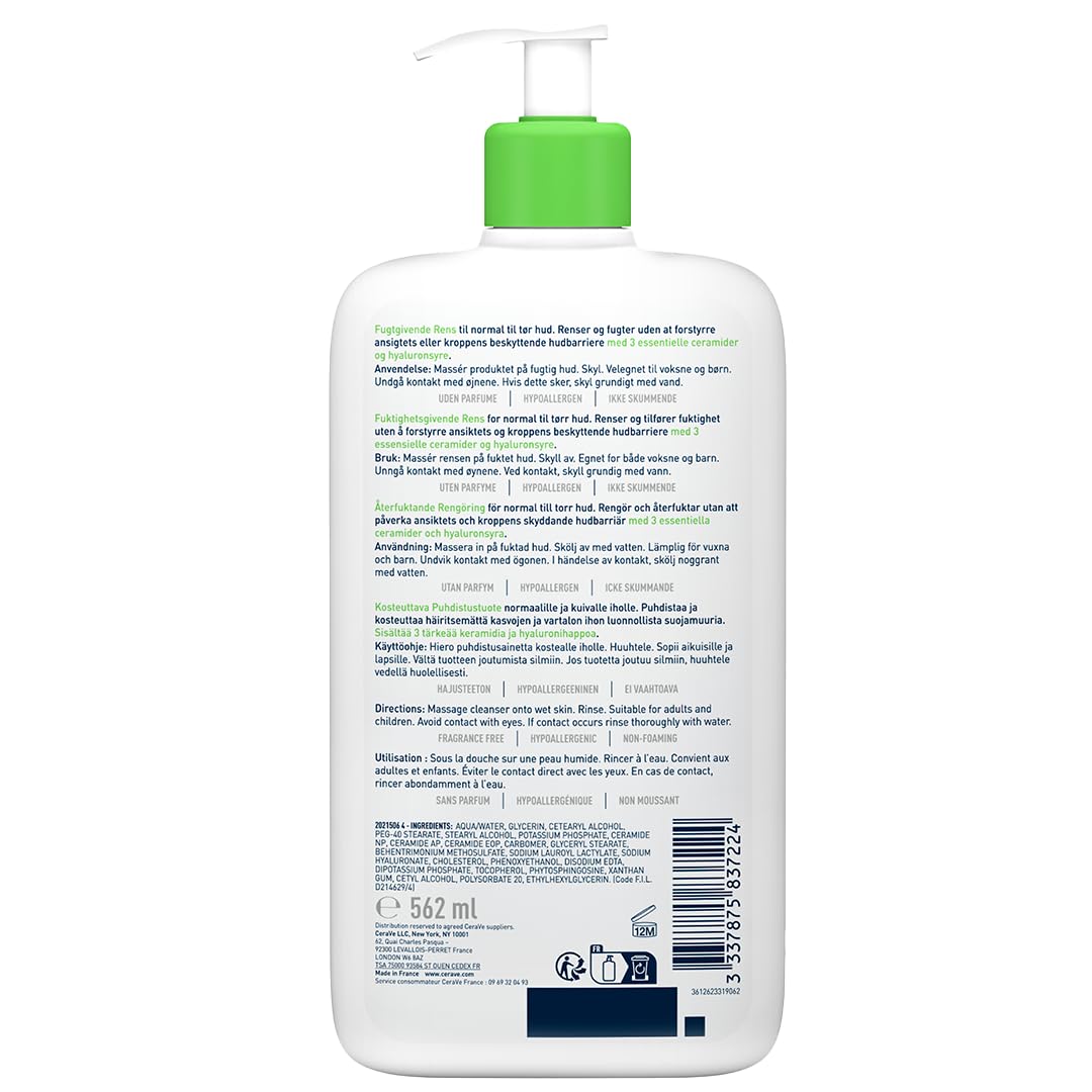 CeraVe - Crème Lavante Hydratante - Visage & Corps - Nettoie et Hydrate Sans Altérer la Barrière Cutanée - Aux 3 Céramides Essentiels + Acide Hyaluronique - Peau Normale à Sèche - 562 ml