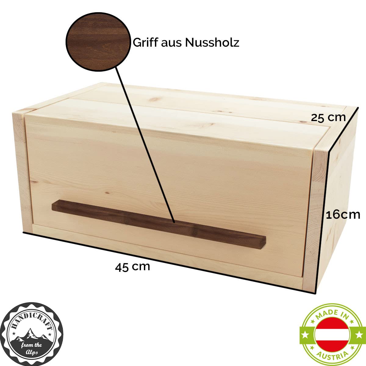 4betterdays Brotkasten Zirbenholz mit Klappdeckel 45 x 25 x 16 cm | Vollholz, Nussholzgriff, Einlegegitter, Made in Austria, extra hoch, naturbelassen, platzsparend, für große Brotlaibe