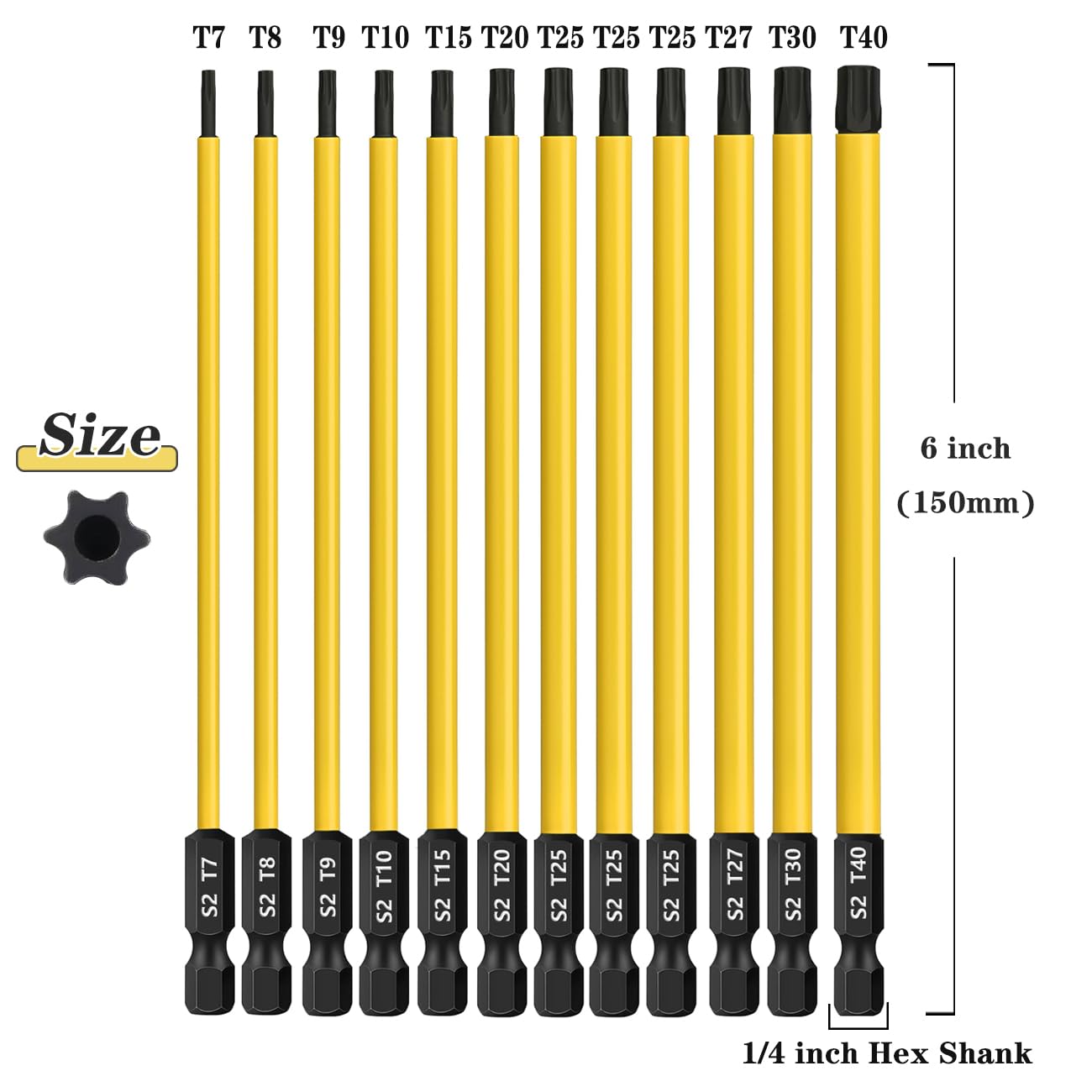 Saipor 12PCS T7-T40 Torx Screwdriver Bit Set 6 Inch / 150mm Long Star Screw Driver Drill Bits S2 Steel Magnetic Torx Head 1/4 Inch Hex Shank Security Tamper Proof Star 6 Point Impact Driver Bit - Image 2