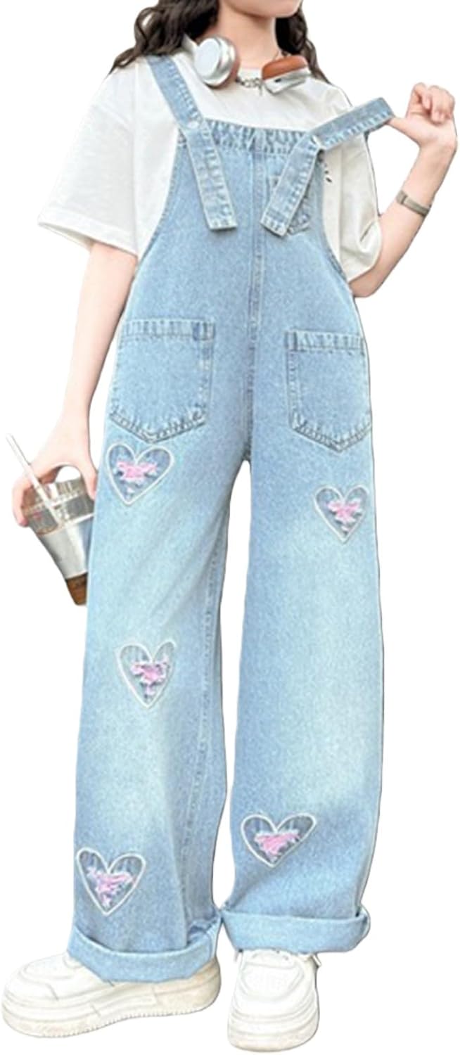 Teen Girls Denim Overalls Heart Embroidered Ripped Jeans Jumpsuit Y2K Retro Denim Romper Kids Distressed Dungarees