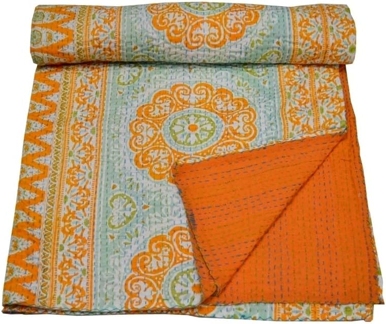 YUVANCRAFTS Indian Handmade Cotton Kantha Quilt Traditional Round Print Twin Quilt Blanket Bedspreads Throw (Orange)