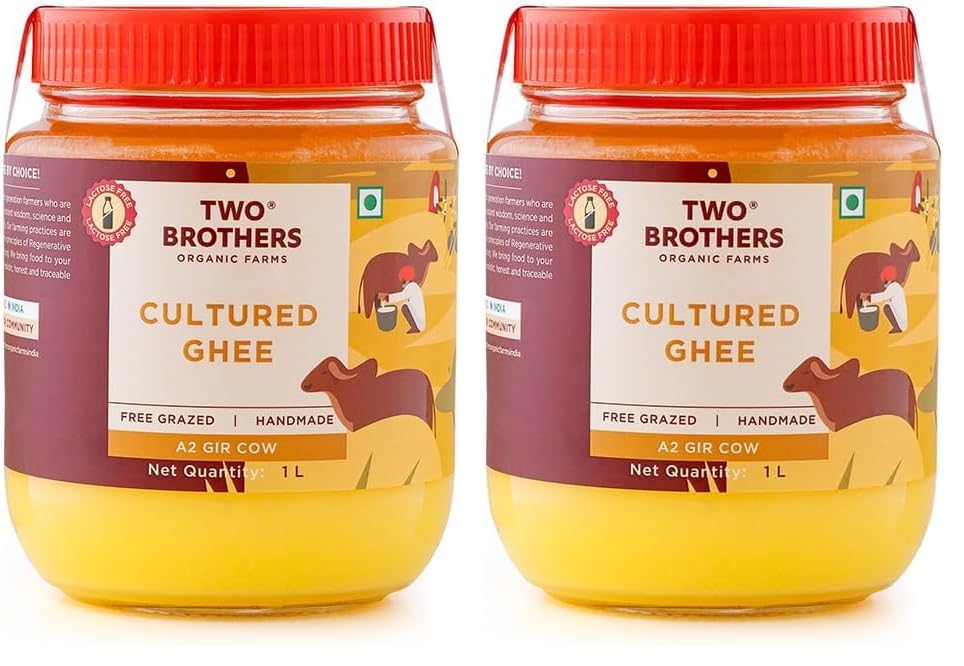 Image of Two Brothers Organic Farms Pure A2 Cultured Ghee 1L | Free-grazed Desi Gir Cows | Bilona Method | Farm-Made with Probiotics for Gut Health | India's only Certified Glyphosate-Free ghee (Pack of 2)