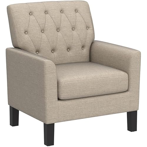 Rosevera Keene 30”Accent Chair Fabric Upholstered Comfy Arm Chair Tufted Comfy for Reading in Bedroom,Living Room, Small Sofa Chair,Armchair for Small Space,Wood Legs,Textile Beige