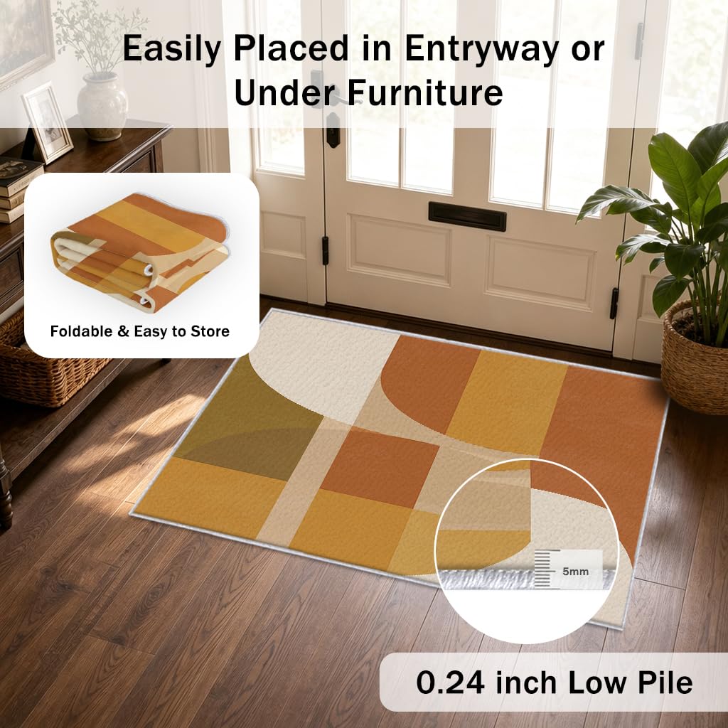 Teppich Geometrisch Wohnzimmer 140 x 200 | Mit Retro Orange Senf-Gelb Muster, Geeignet Schlafzimmer Bettvorleger, Kurzflor Rutschfest Waschbar, Geometrisch Deko